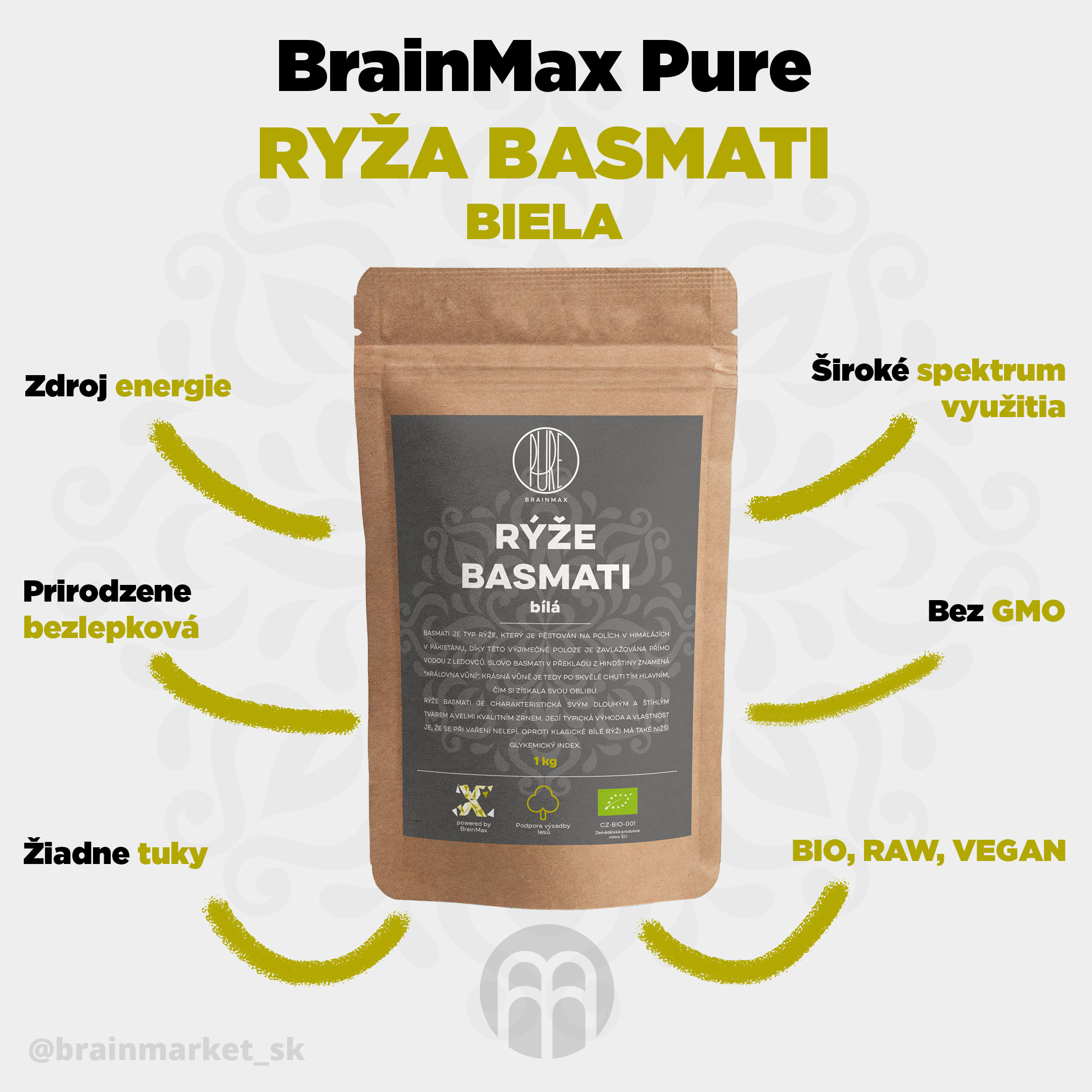 Brainmax Pure Ryža - biela, Basmati BIO, 1kg - BrainMarket.cz