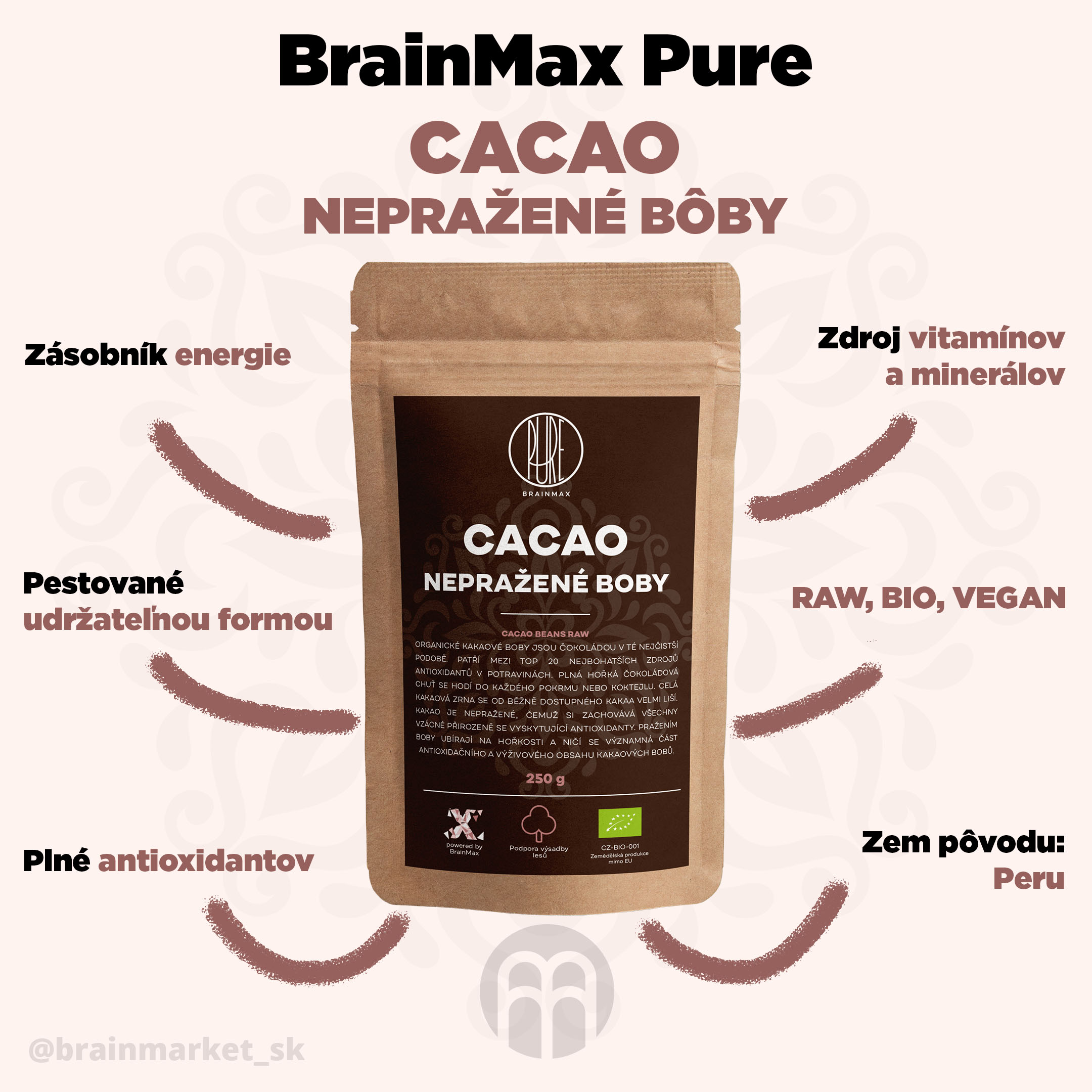 Brainmax Pure Cacao beans RAW (kakaové bôby) BIO - BrainMarket.cz