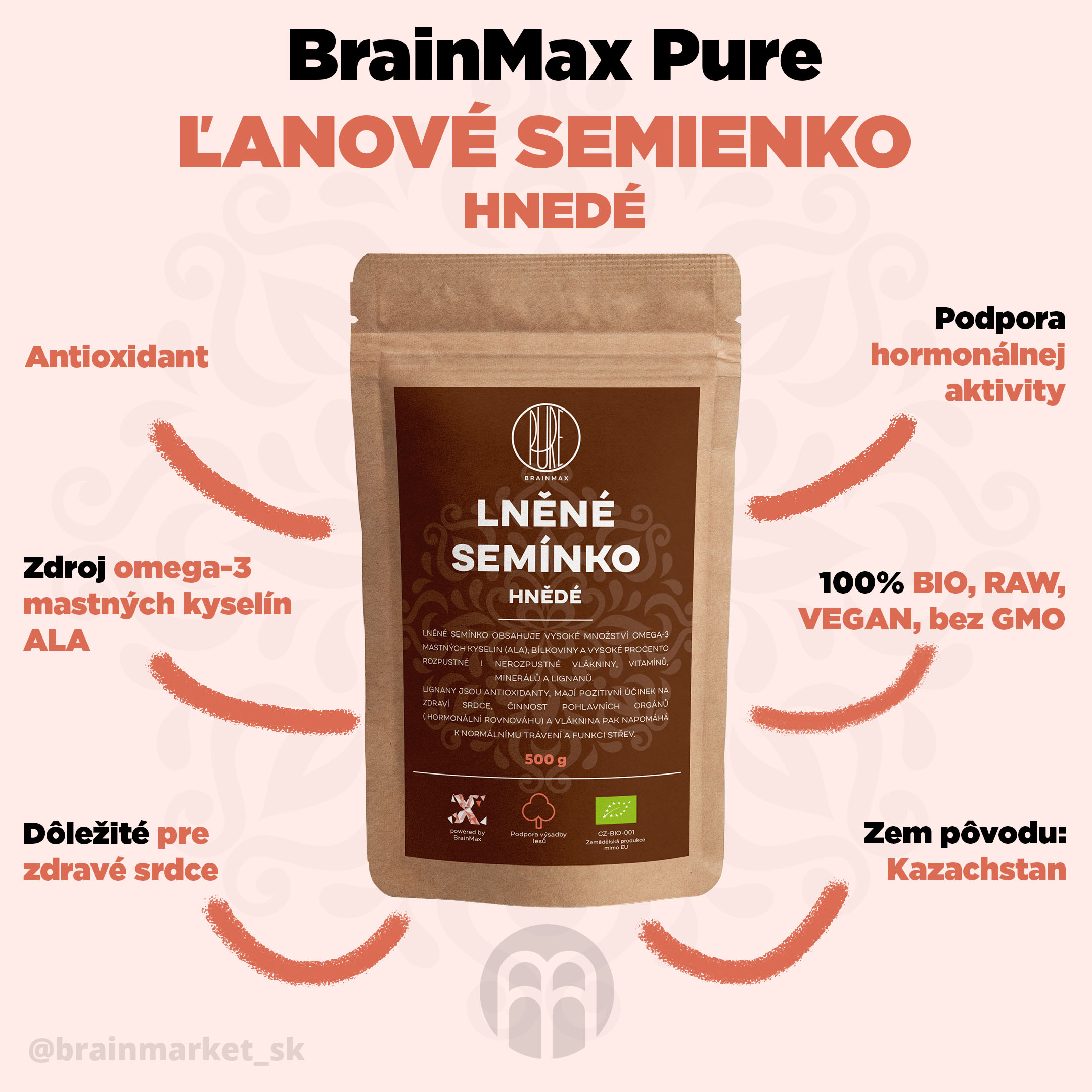Brainmax Pure Ľanové semienko (hnedé) BIO, 500 g