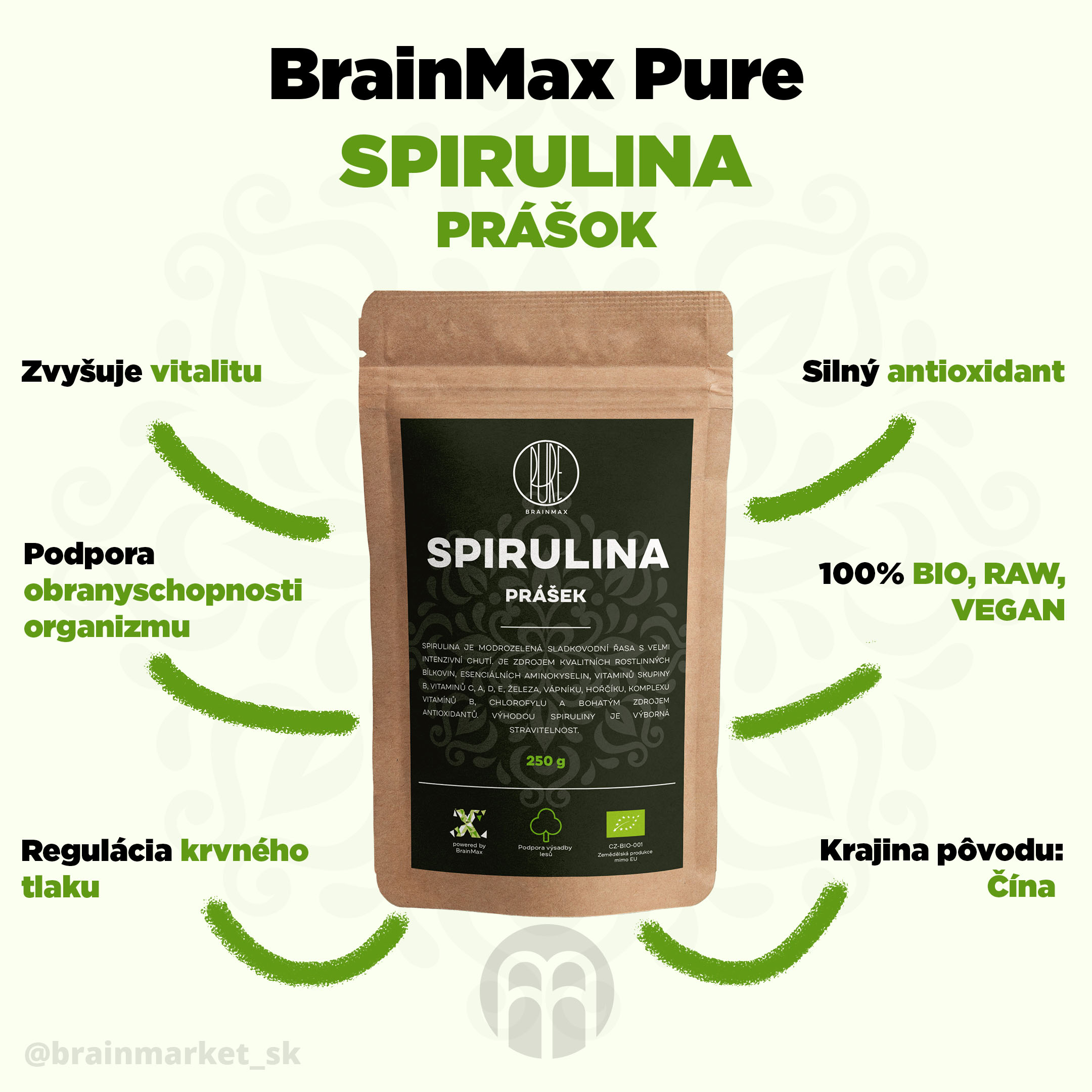 Brainmax Pure Spirulina BIO prášok, 250 g - BrainMarket.cz