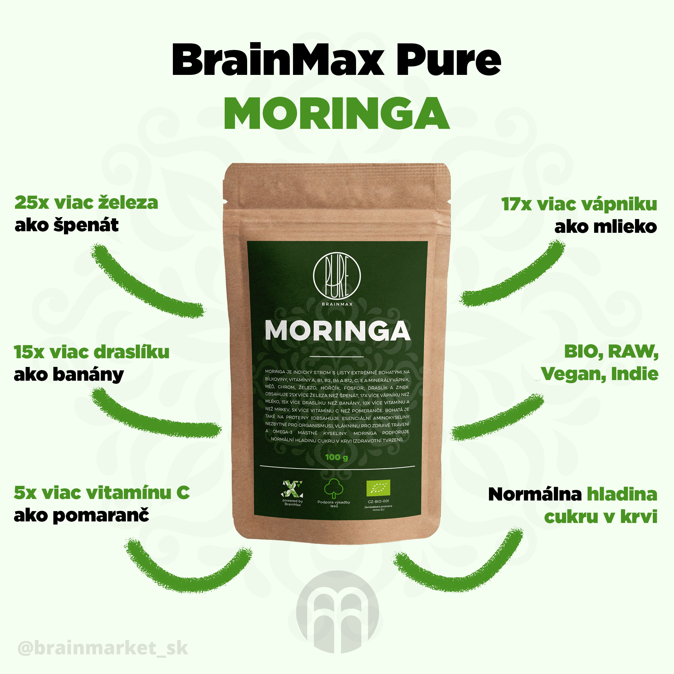 Brainmax Pure Moringou BIO prášok, 100 g - BrainMarket.cz