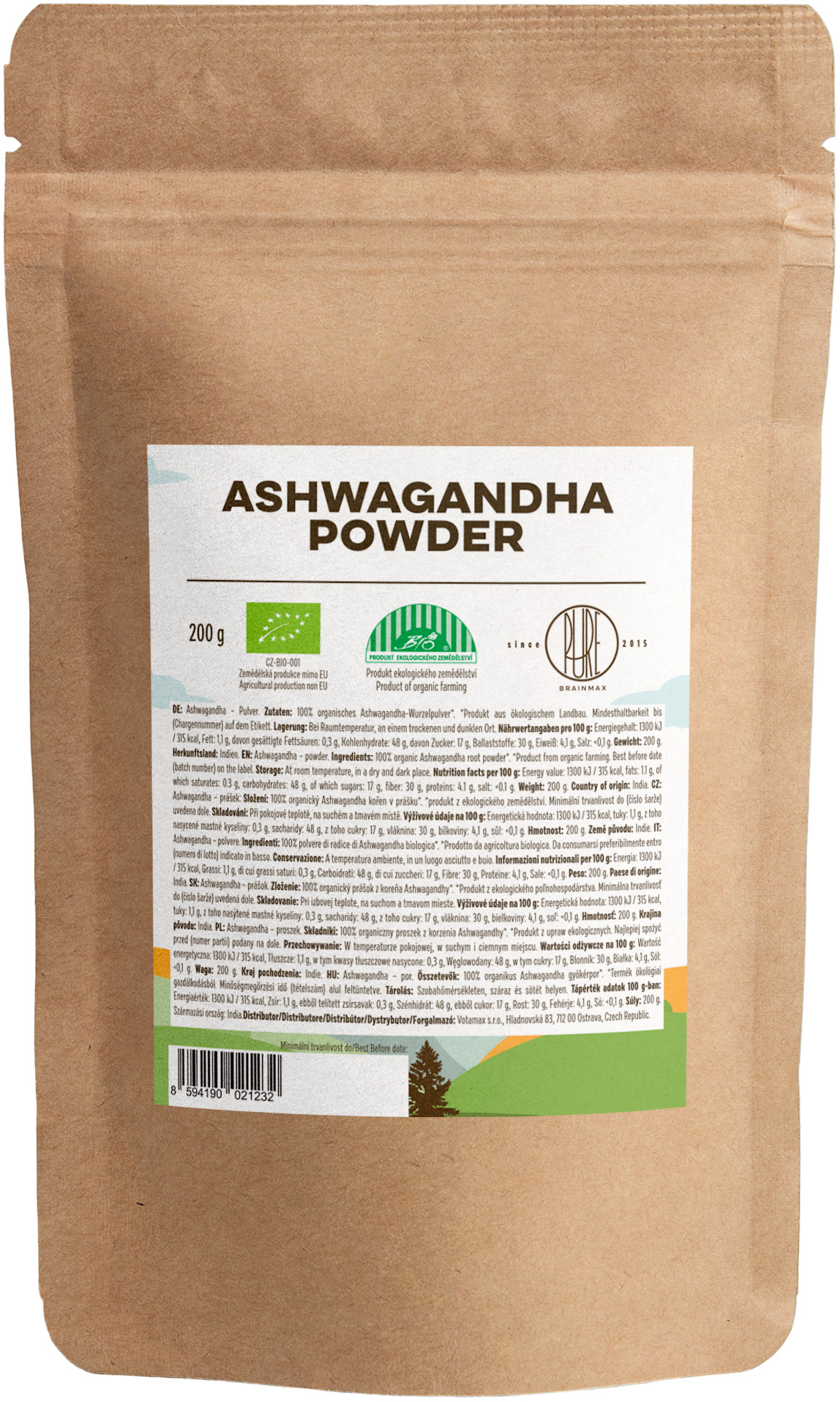 Brainmax Pure Ashwagandha BIO prášok, 200 g - BrainMarket.cz