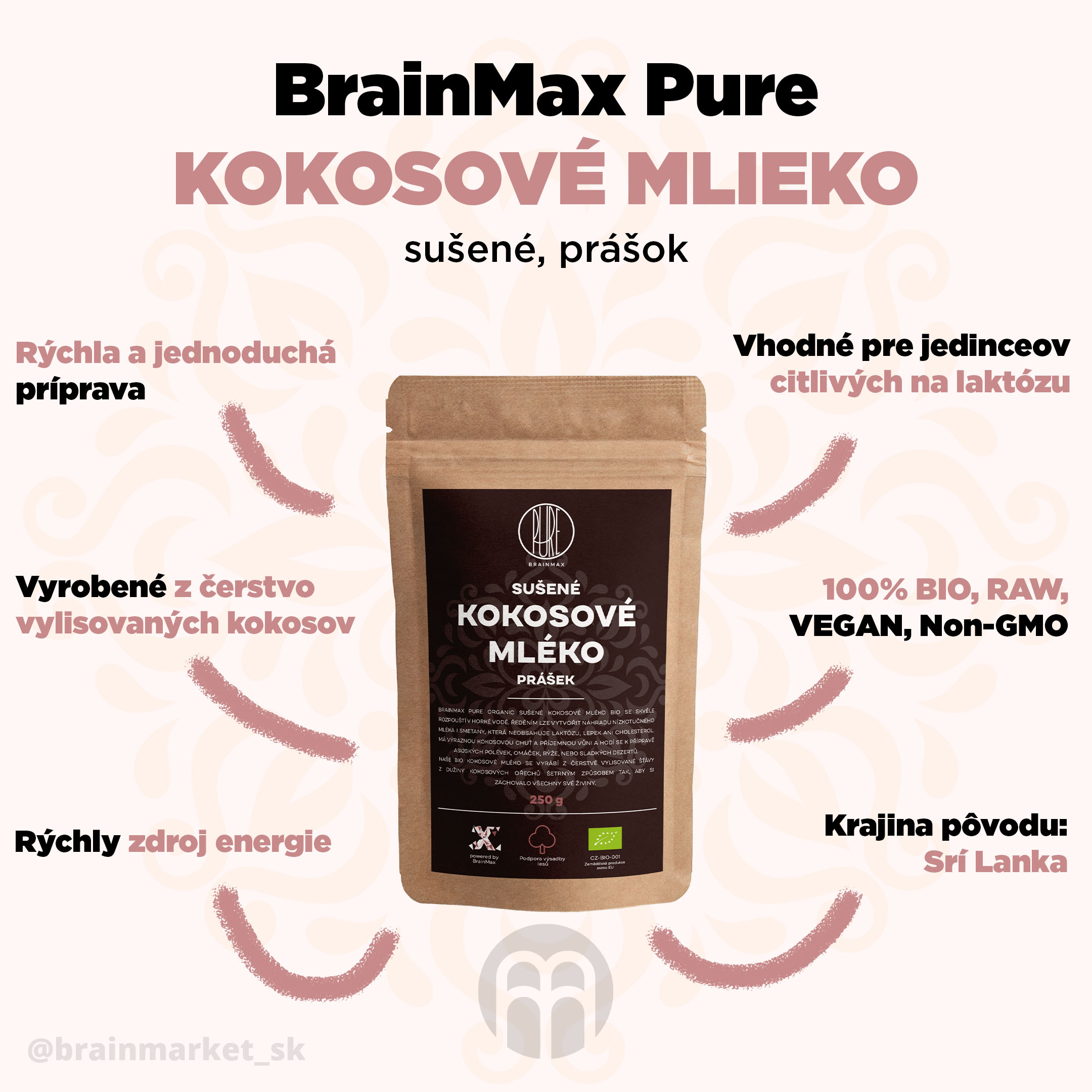 Brainmax Pure Kokosové mlieko BIO prášok, 250 g - BrainMarket.cz