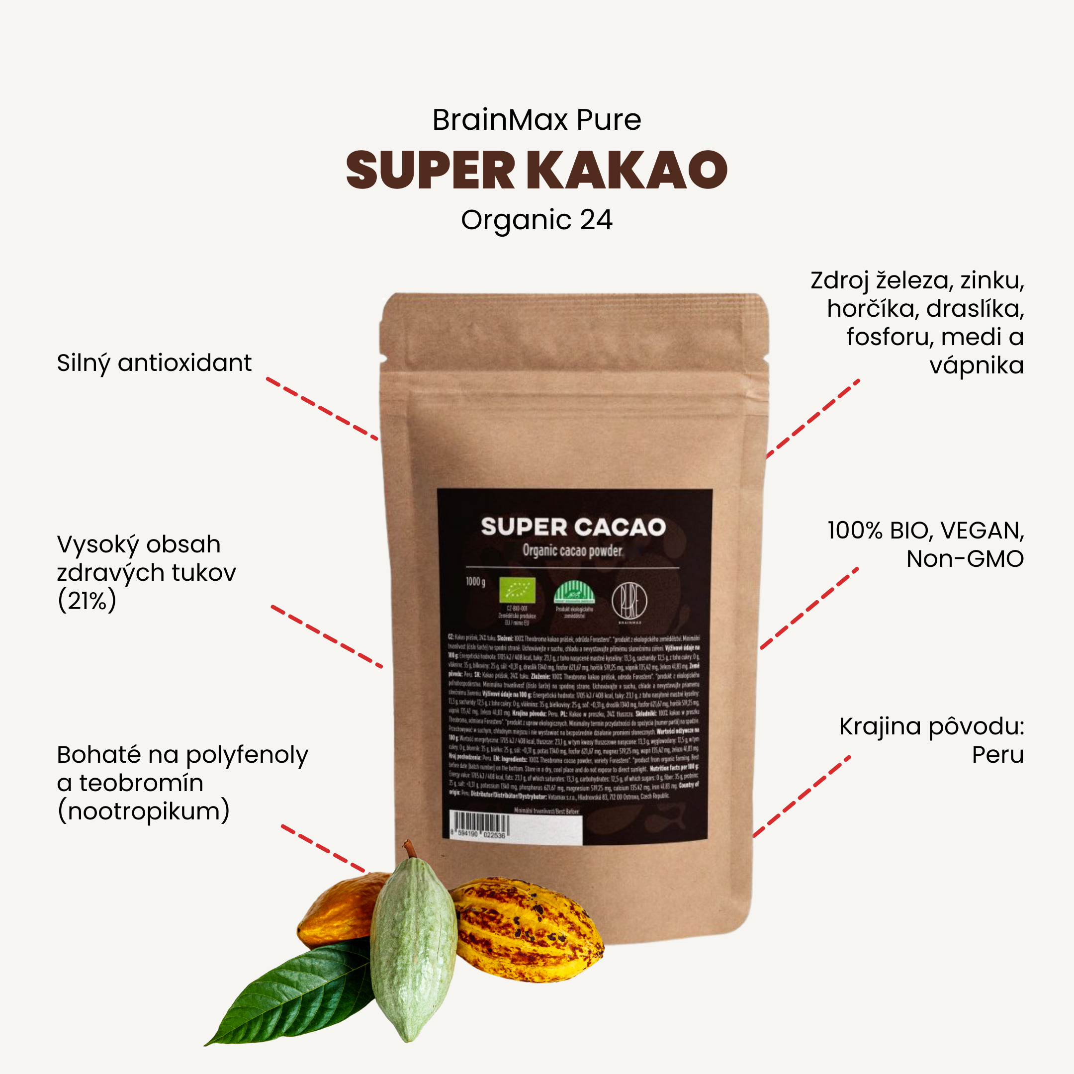 BrainMax Pure Organic 24 Super Cacao, BIO kakao, 500g - BrainMarket.cz